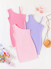 Three-Piece Simple Y2K Summer New Solid Color Asymmetric Strap Candy Color Dress Set For Young Girls
